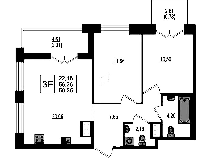2-комнатная квартира 59.35 м², 4/4 эт., ЖК «Ranta Residence»